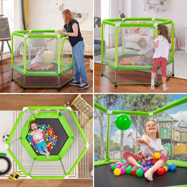 Alt view image 3 of 7 - 55" Indoor/Outdoor Kids Jumper: Safety Enclosure Net, Ball Pit Included | 4.5FT Mini Trampoline for Toddlers & Babies 3+ Months