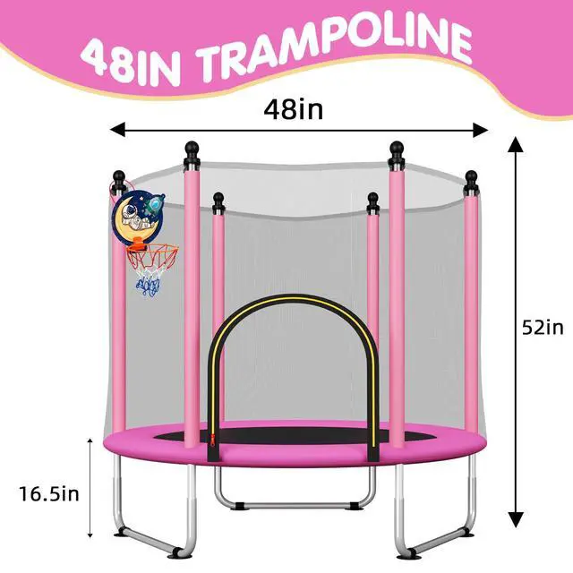 Alt view image 2 of 7 - 48" Toddler Trampoline for Kids,Indoor & Outdoor Kids Trampoline with Safety Enclosure Net,Gifts for Birthday with Basketball Hoop, Gifts for Boy and Girl, Age 3-8