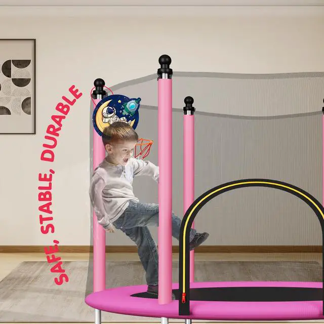 Alt view image 4 of 7 - 48" Toddler Trampoline for Kids,Indoor & Outdoor Kids Trampoline with Safety Enclosure Net,Gifts for Birthday with Basketball Hoop, Gifts for Boy and Girl, Age 3-8