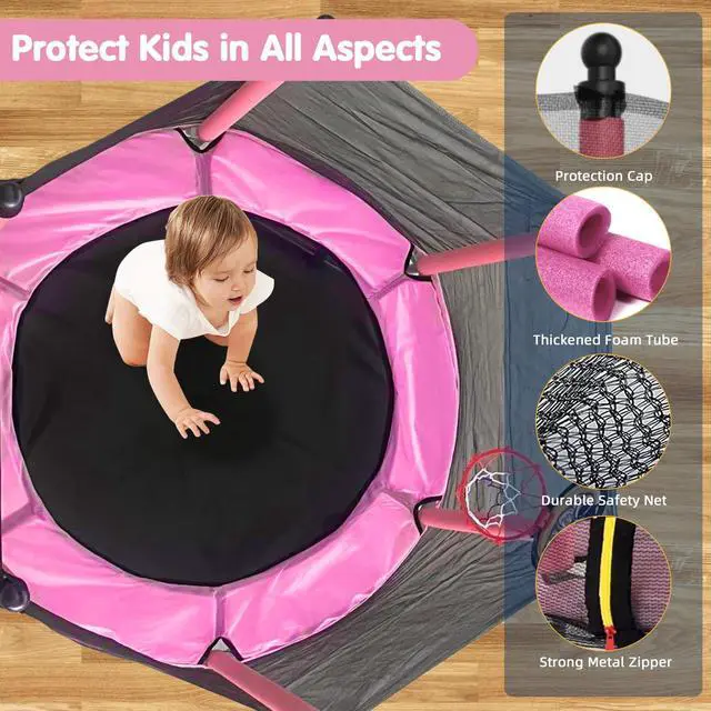 Alt view image 3 of 7 - 48" Toddler Trampoline for Kids,Indoor & Outdoor Kids Trampoline with Safety Enclosure Net,Gifts for Birthday with Basketball Hoop, Gifts for Boy and Girl, Age 3-8