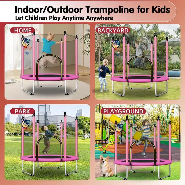 Alt view image 7 of 7 - 48" Toddler Trampoline for Kids,Indoor & Outdoor Kids Trampoline with Safety Enclosure Net,Gifts for Birthday with Basketball Hoop, Gifts for Boy and Girl, Age 3-8