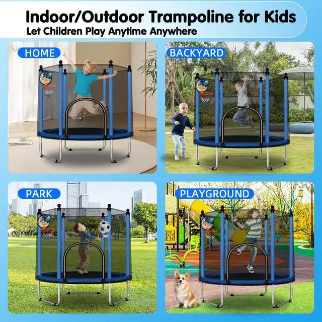 Alt view image 3 of 7 - 48" Toddler Trampoline for Kids,Indoor & Outdoor Kids Trampoline with Safety Enclosure Net,Gifts for Birthday with Basketball Hoop, Gifts for Boy and Girl, Age 3-8