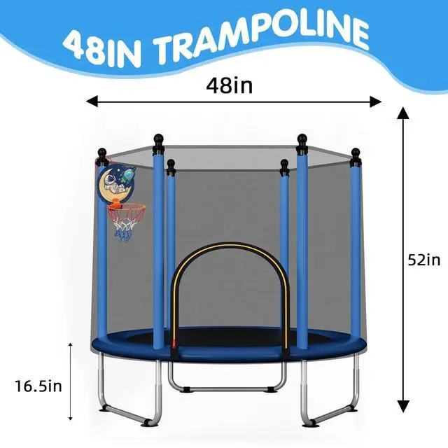 Alt view image 7 of 7 - 48" Toddler Trampoline for Kids,Indoor & Outdoor Kids Trampoline with Safety Enclosure Net,Gifts for Birthday with Basketball Hoop, Gifts for Boy and Girl, Age 3-8