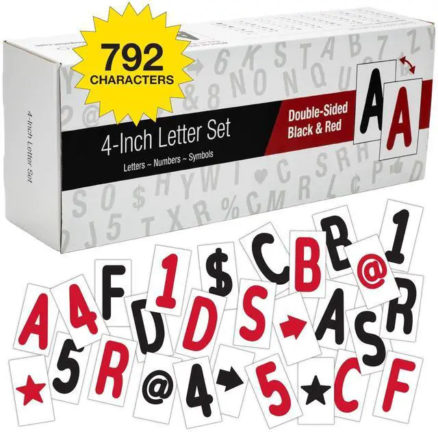 Main image of Swinging Sign Letters: Includes 792 four inch Letters, Symbols, and Numbers for 24"x36" Swinging Letter Board Sign. Double Sided with Black & Red Printing on Flexible White Plastic Panels