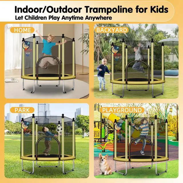 Alt view image 3 of 7 - 48" Toddler Trampoline for Kids,Indoor & Outdoor Kids Trampoline with Safety Enclosure Net,Gifts for Birthday with Basketball Hoop, Gifts for Boy and Girl, Age 3-8