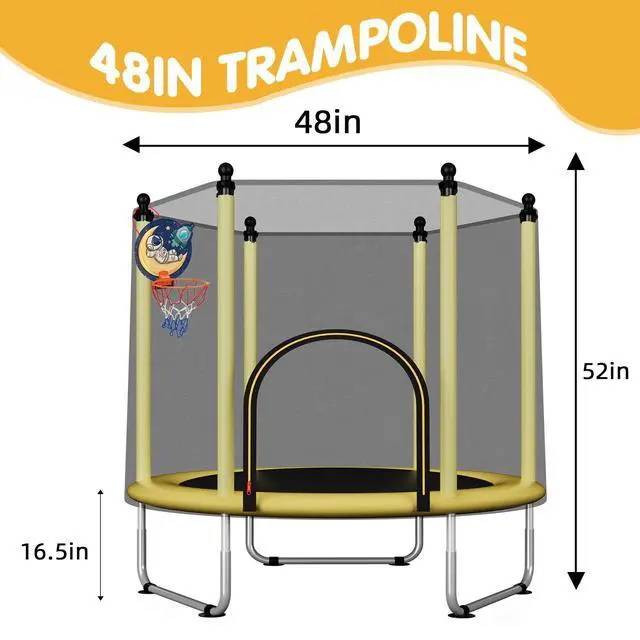 Alt view image 7 of 7 - 48" Toddler Trampoline for Kids,Indoor & Outdoor Kids Trampoline with Safety Enclosure Net,Gifts for Birthday with Basketball Hoop, Gifts for Boy and Girl, Age 3-8