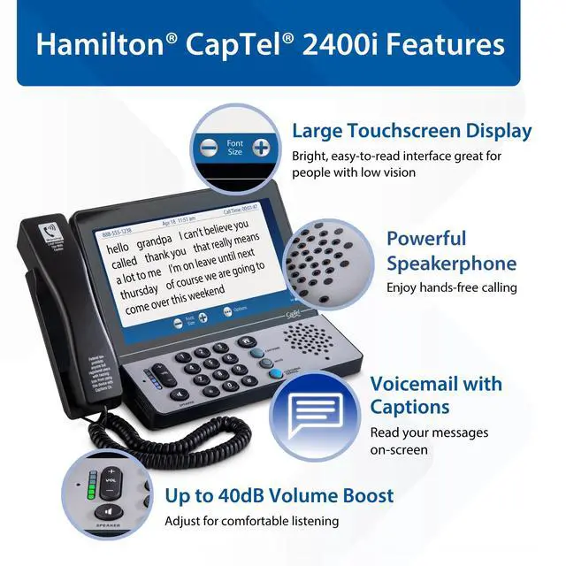 Alt view image 4 of 7 - CapTel 2400iSPNBT Captioned Telephone, Large Touch Screen Phone for Hard of Hearing with Answering Machine, Powerful Speakerphone, Volume Booster up to 40dB, Hearing Aid Compatible