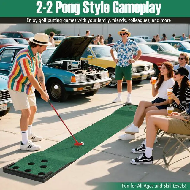 Alt view image 2 of 7 - Golf Putting Game Set, Indoor Outdoor 11FT Golf Training Mat, Putting Green Mat w/ 2 Adjustable Putters, 6 Balls & 12 Hole Covers for Party, Backyard, Home and Office