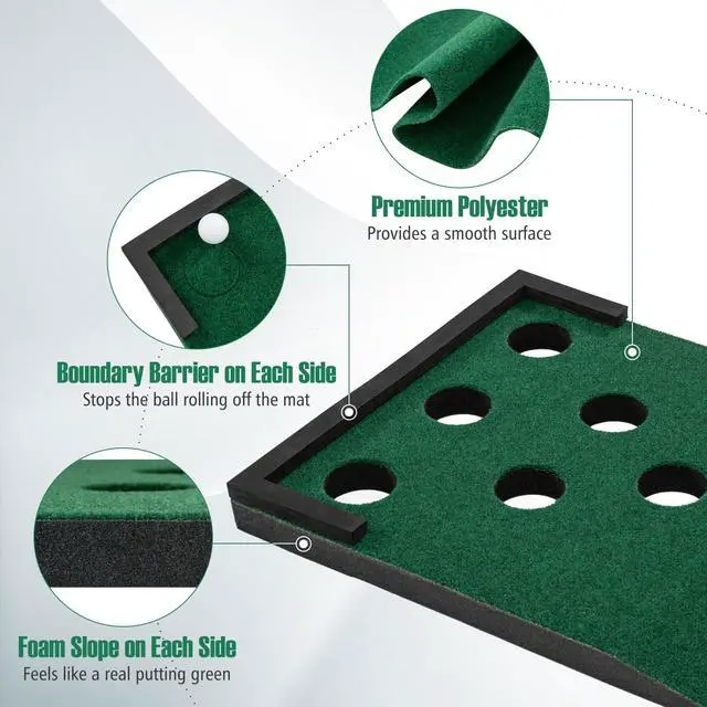 Alt view image 3 of 7 - Golf Putting Game Set, Indoor Outdoor 11FT Golf Training Mat, Putting Green Mat w/ 2 Adjustable Putters, 6 Balls & 12 Hole Covers for Party, Backyard, Home and Office