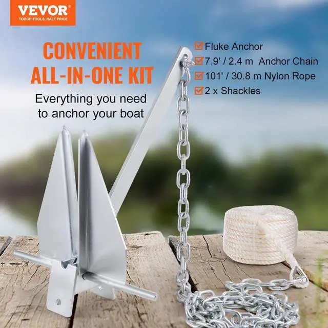 Alt view image 2 of 7 - Fluke Style Anchor Kit,Hot-Dipped Galvanized Steel Fluke Anchor with 7.9' Chain