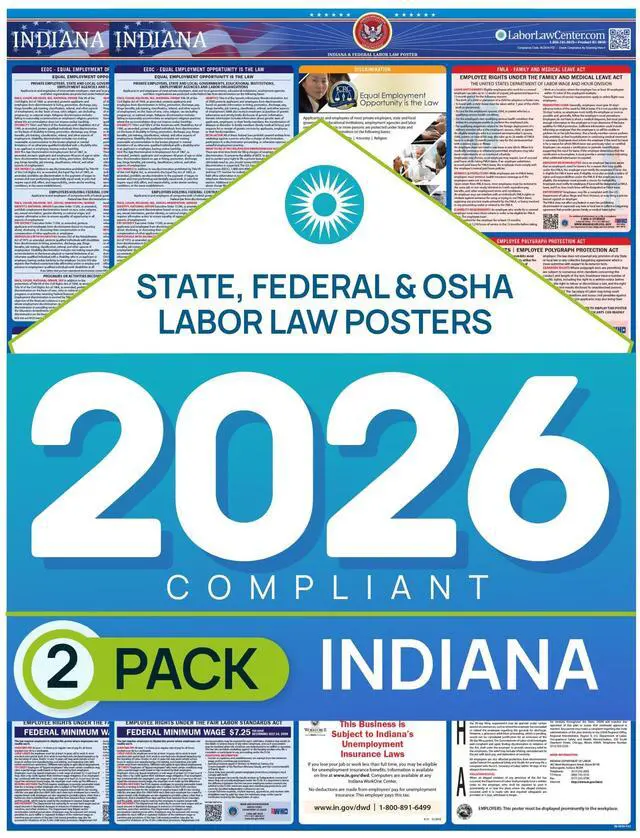 Main image of Indiana 2026 Labor Law Poster State & Federal Compliance OSHA, EEOC, FMLA, Minimum Wage Durable, Laminated & Waterproof Workplace Employment Poster Made in USA 26 x 39.5, 2-Pack