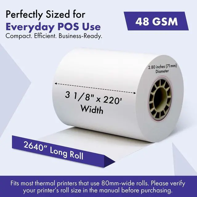 Alt view image 2 of 7 - 3 1/8 x 220' Thermal Receipt Paper Rolls 50 Count BPA & BPS Free Phenol-Free Thermal Printer Paper, 48 GSM POS Paper Rolls for Credit Card Machines, Registers & Retail Use, Recyclable Core