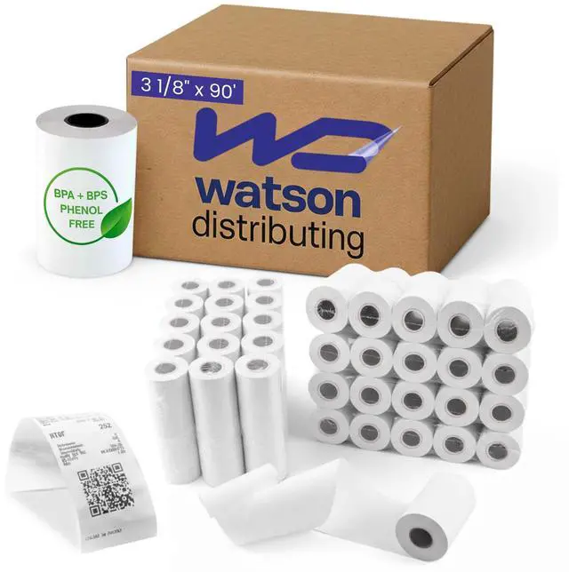 Main image of 3 1/8" x 90' Thermal Paper Receipt Rolls BPA-Free, BPS-Free & Phenol-Free 48 GSM Thick POS Printer Paper for Retail & Restaurant Receipts, Credit Card & Register Use, Recyclable Core