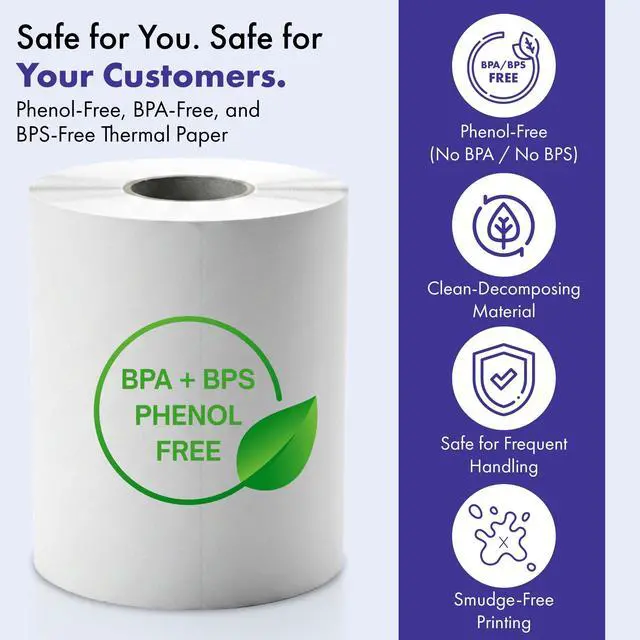Alt view image 4 of 7 - 3 1/8 x 220' Thermal Receipt Paper Rolls 50 Count BPA & BPS Free Phenol-Free Thermal Printer Paper, 48 GSM POS Paper Rolls for Credit Card Machines, Registers & Retail Use, Recyclable Core