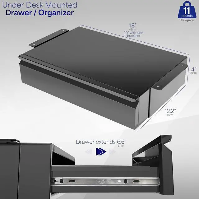 Alt view image 3 of 7 - Black 18 x 12 inch Under Desk Storage Drawer, DESK-AC03B | Smooth Slide Out Motion, Secure Home Office Storage Organizer, Steel Under Desk Drawer, Holds 11 lbs