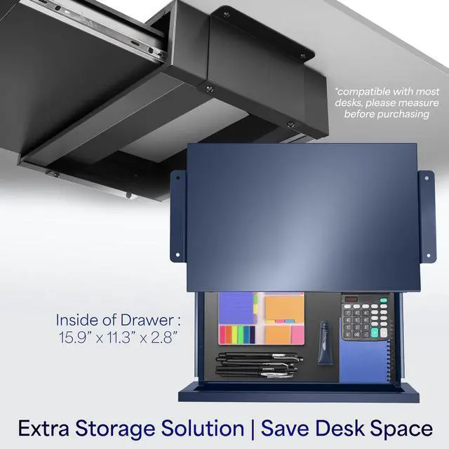 Alt view image 4 of 7 - Black 18 x 12 inch Under Desk Storage Drawer, DESK-AC03B | Smooth Slide Out Motion, Secure Home Office Storage Organizer, Steel Under Desk Drawer, Holds 11 lbs