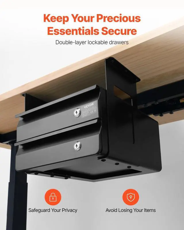 Alt view image 3 of 7 - Under Desk Double Stacked Lockable Slide Out Drawer, 13 inch Lockable Under Table Pull-out Drawer Attachment for Sit Stand Workstation, Secure Under Desk Storage Organizer, Black