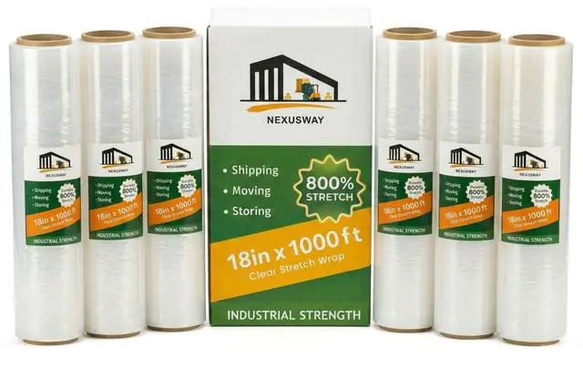 Main image of NEXUSWAY 18'' Stretch Film Wrap for Moving - Stretch Film Pallet Wrap Roll Heavy Duty 1000 feet 80 Gauge Industrial Strength up to 800% Stretch 20 Microns for Shipping Moving Furniture (Pack of 6)