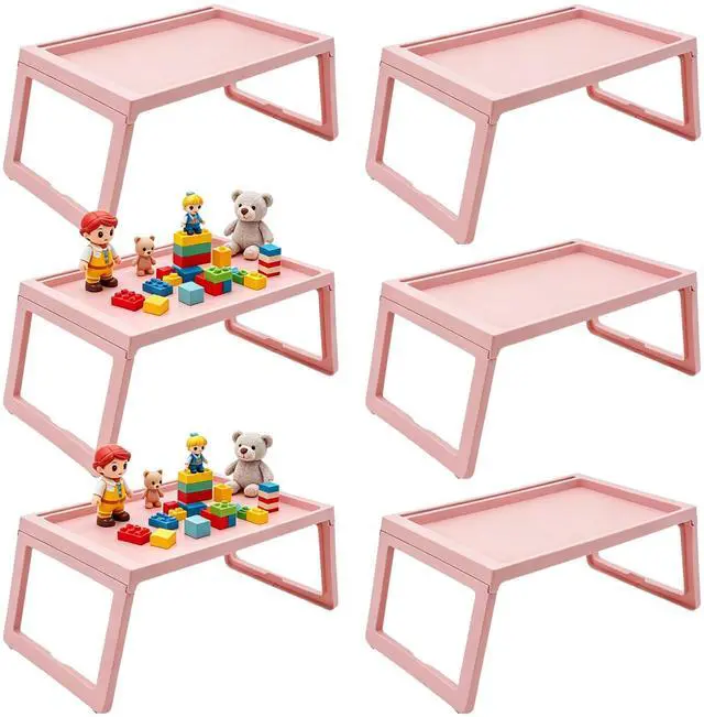 Main image of 6 Pack Folding Bed Tray Table, Pink Breakfast in Bed Tray with Legs, Plastic Eating Lap Trays, Laptop Desk with Tablet Phone Slots for Beds Sofas Picnics, Pink