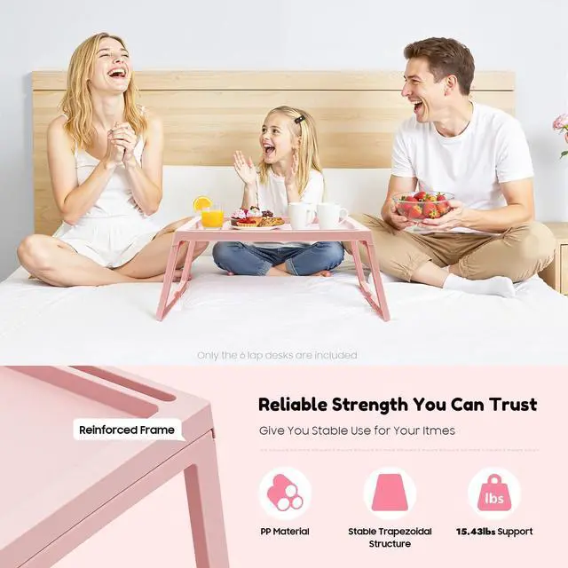 Alt view image 3 of 7 - 6 Pack Folding Bed Tray Table, Pink Breakfast in Bed Tray with Legs, Plastic Eating Lap Trays, Laptop Desk with Tablet Phone Slots for Beds Sofas Picnics, Pink