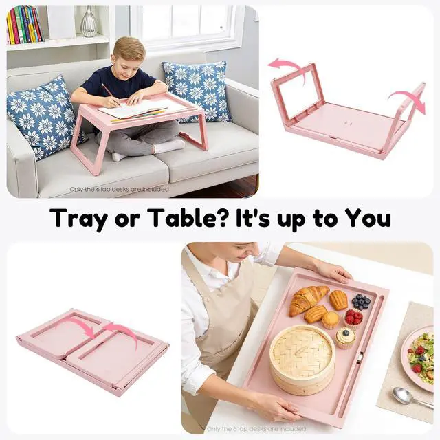 Alt view image 4 of 7 - 6 Pack Folding Bed Tray Table, Pink Breakfast in Bed Tray with Legs, Plastic Eating Lap Trays, Laptop Desk with Tablet Phone Slots for Beds Sofas Picnics, Pink