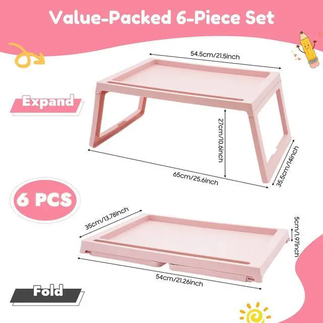 Alt view image 5 of 7 - 6 Pack Folding Bed Tray Table, Pink Breakfast in Bed Tray with Legs, Plastic Eating Lap Trays, Laptop Desk with Tablet Phone Slots for Beds Sofas Picnics, Pink