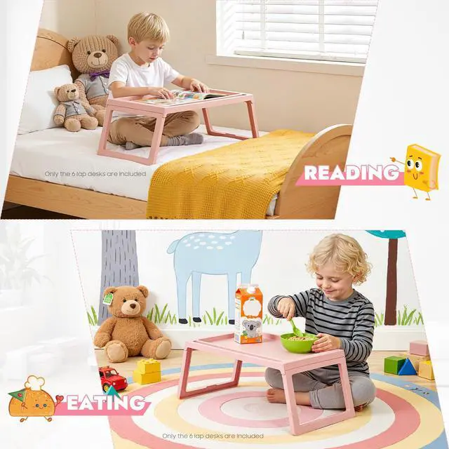 Alt view image 7 of 7 - 6 Pack Folding Bed Tray Table, Pink Breakfast in Bed Tray with Legs, Plastic Eating Lap Trays, Laptop Desk with Tablet Phone Slots for Beds Sofas Picnics, Pink