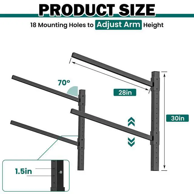 Alt view image 2 of 6 - Wall Mounted Kayak Storage Rack, Adjustable Kayak Holder, Heavy Duty Canoe Rack, Indoor & Outdoor Use
