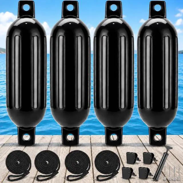 Main image of Black Boat Fenders for Docking 5.5."/6.5"/8.5" Inflatable Ribbed Marine Boat Fender with Fender Lines 6.5ft, Stainless Steel Fender Hanger Clips