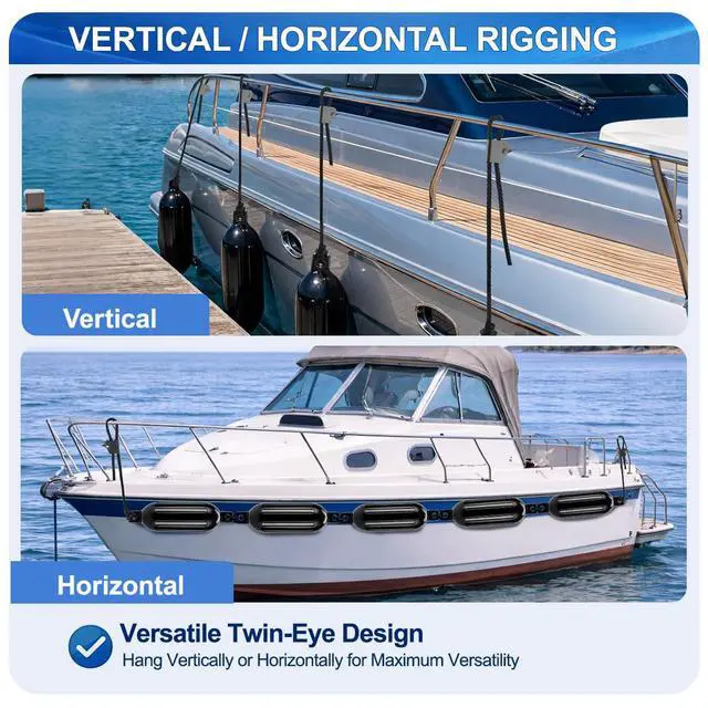 Alt view image 5 of 7 - Black Boat Fenders for Docking 5.5."/6.5"/8.5" Inflatable Ribbed Marine Boat Fender with Fender Lines 6.5ft, Stainless Steel Fender Hanger Clips