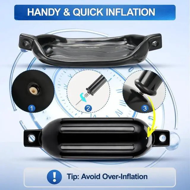 Alt view image 6 of 7 - Black Boat Fenders for Docking 5.5."/6.5"/8.5" Inflatable Ribbed Marine Boat Fender with Fender Lines 6.5ft, Stainless Steel Fender Hanger Clips