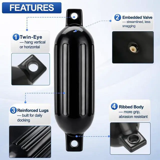Alt view image 3 of 7 - Black Boat Fenders for Docking 5.5."/6.5"/8.5" Inflatable Ribbed Marine Boat Fender with Fender Lines 6.5ft, Stainless Steel Fender Hanger Clips