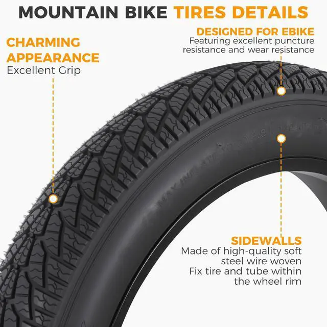 Alt view image 4 of 7 - 20x4.0/ 20x3.0/ 26x4.0 Fat Bike Tires, 20x4/ 20x3/ 26x4 Fat Tire Tube and Bicycle Repair Tool Kit, Foldable Heavy Duty Off-Road Bike, Ebike Fat Tires Replacement Set
