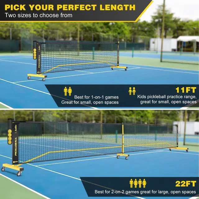 Alt view image 2 of 7 - Pickleball Net with Ball Collector, Wheels, 22FT & 11FT Size | Portable 2-in-1 Pickle ball Net with Carry Bag, Steady Metal Frame for Outdoor Indoor Backyards, Driveway