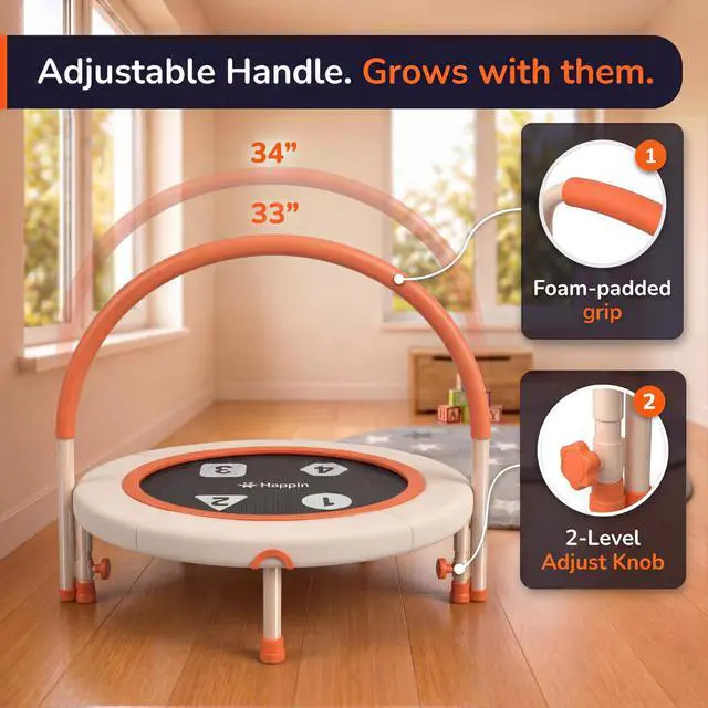 Alt view image 4 of 6 - ® 36'' Toddler Trampoline Indoor, Foldable Mini Trampoline for Kids Ages 2-6, ASTM Certified, Adjustable Handle, Safety Pad for Indoor & Outdoor, Baby Trampolines, for Boy & Girl