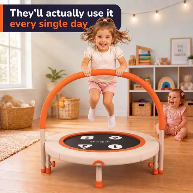 Alt view image 2 of 6 - ® 36'' Toddler Trampoline Indoor, Foldable Mini Trampoline for Kids Ages 2-6, ASTM Certified, Adjustable Handle, Safety Pad for Indoor & Outdoor, Baby Trampolines, for Boy & Girl