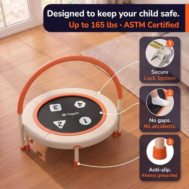 Alt view image 3 of 6 - ® 36'' Toddler Trampoline Indoor, Foldable Mini Trampoline for Kids Ages 2-6, ASTM Certified, Adjustable Handle, Safety Pad for Indoor & Outdoor, Baby Trampolines, for Boy & Girl