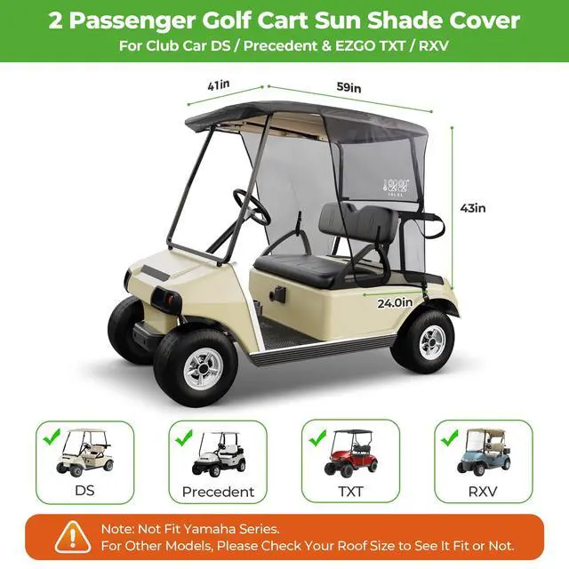 Alt view image 2 of 7 - 2 Passenger Golf Cart Sun Shade Cover for EZGO TXT RXV & Club Car DS Precedent Tempo, UV Heat Blocking Polyester Mesh Canopy Cover, Durable & Easy Install (Roof Size:59" L X 41" W)