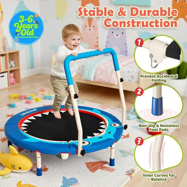 Alt view image 2 of 7 - 36-Inch Toddler Trampoline with Foam Handle, 3FT Foldable Mini Rebounder | ASTM & CPSIA Certified, KidsTrampoline with Adjustable Bar, 100 lbs Capacity, Quiet Elastic Bands, Indoor Outdoor & Ages 3-6