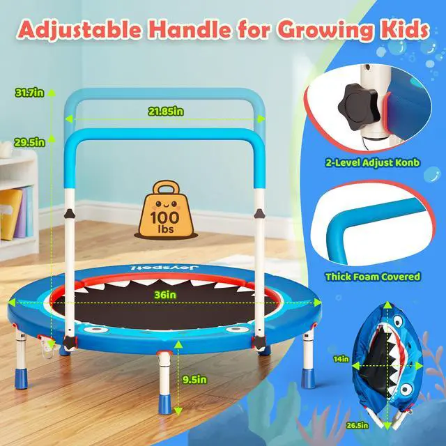 Alt view image 3 of 7 - 36-Inch Toddler Trampoline with Foam Handle, 3FT Foldable Mini Rebounder | ASTM & CPSIA Certified, KidsTrampoline with Adjustable Bar, 100 lbs Capacity, Quiet Elastic Bands, Indoor Outdoor & Ages 3-6