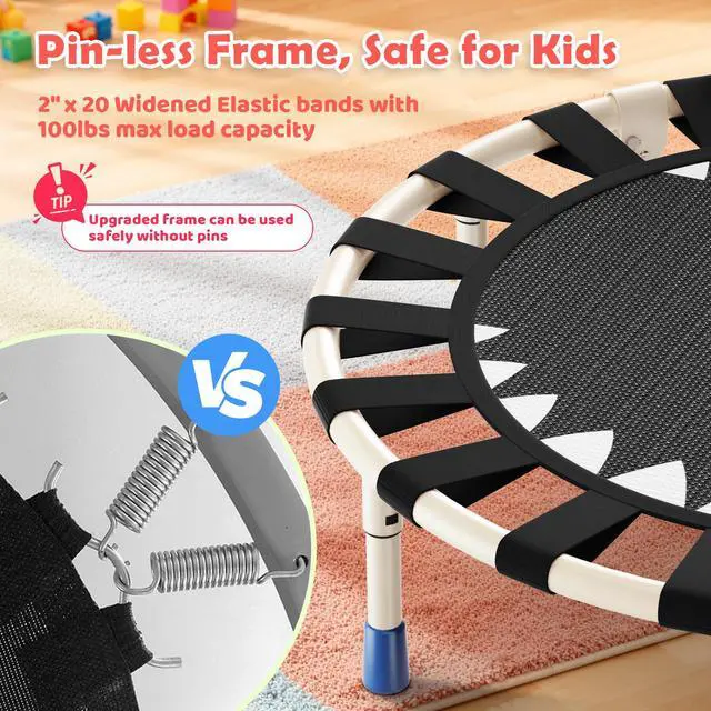 Alt view image 6 of 7 - 36-Inch Toddler Trampoline with Foam Handle, 3FT Foldable Mini Rebounder | ASTM & CPSIA Certified, KidsTrampoline with Adjustable Bar, 100 lbs Capacity, Quiet Elastic Bands, Indoor Outdoor & Ages 3-6
