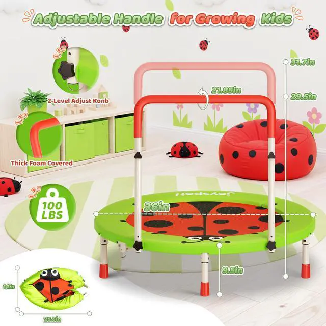 Alt view image 3 of 7 - 36-Inch Toddler Trampoline with Foam Handle, 3FT Foldable Mini Rebounder | ASTM & CPSIA Certified, KidsTrampoline with Adjustable Bar, 100 lbs Capacity, Quiet Elastic Bands, Indoor Outdoor & Ages 3-6