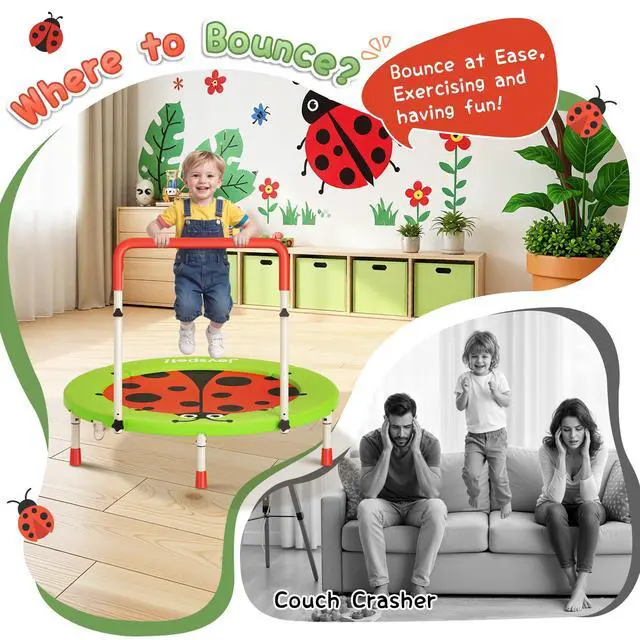 Alt view image 6 of 7 - 36-Inch Toddler Trampoline with Foam Handle, 3FT Foldable Mini Rebounder | ASTM & CPSIA Certified, KidsTrampoline with Adjustable Bar, 100 lbs Capacity, Quiet Elastic Bands, Indoor Outdoor & Ages 3-6