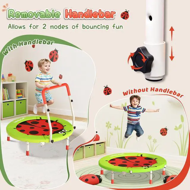 Alt view image 7 of 7 - 36-Inch Toddler Trampoline with Foam Handle, 3FT Foldable Mini Rebounder | ASTM & CPSIA Certified, KidsTrampoline with Adjustable Bar, 100 lbs Capacity, Quiet Elastic Bands, Indoor Outdoor & Ages 3-6