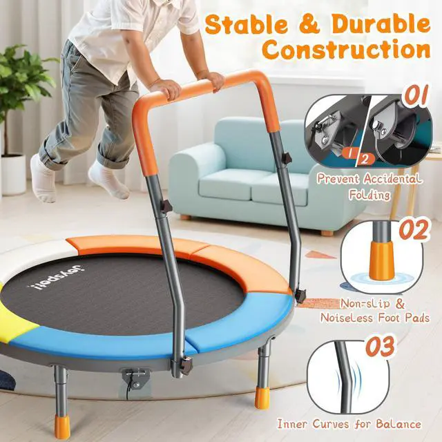 Alt view image 2 of 7 - 36-Inch Toddler Trampoline with Foam Handle, 3FT Foldable Mini Rebounder | ASTM & CPSIA Certified, KidsTrampoline with Adjustable Bar, 100 lbs Capacity, Quiet Elastic Bands, Indoor Outdoor & Ages 3-6