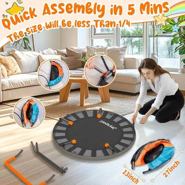 Alt view image 3 of 7 - 36-Inch Toddler Trampoline with Foam Handle, 3FT Foldable Mini Rebounder | ASTM & CPSIA Certified, KidsTrampoline with Adjustable Bar, 100 lbs Capacity, Quiet Elastic Bands, Indoor Outdoor & Ages 3-6