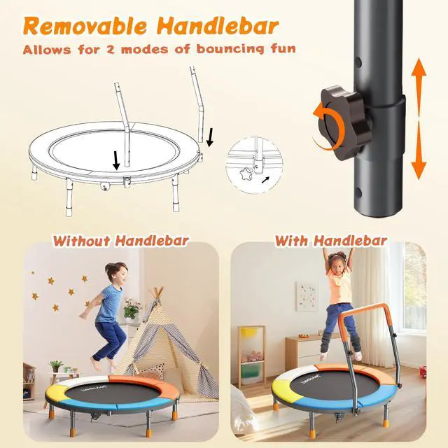 Alt view image 6 of 7 - 36-Inch Toddler Trampoline with Foam Handle, 3FT Foldable Mini Rebounder | ASTM & CPSIA Certified, KidsTrampoline with Adjustable Bar, 100 lbs Capacity, Quiet Elastic Bands, Indoor Outdoor & Ages 3-6