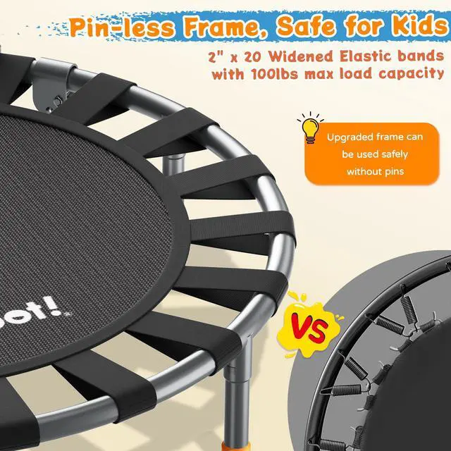 Alt view image 5 of 7 - 36-Inch Toddler Trampoline with Foam Handle, 3FT Foldable Mini Rebounder | ASTM & CPSIA Certified, KidsTrampoline with Adjustable Bar, 100 lbs Capacity, Quiet Elastic Bands, Indoor Outdoor & Ages 3-6