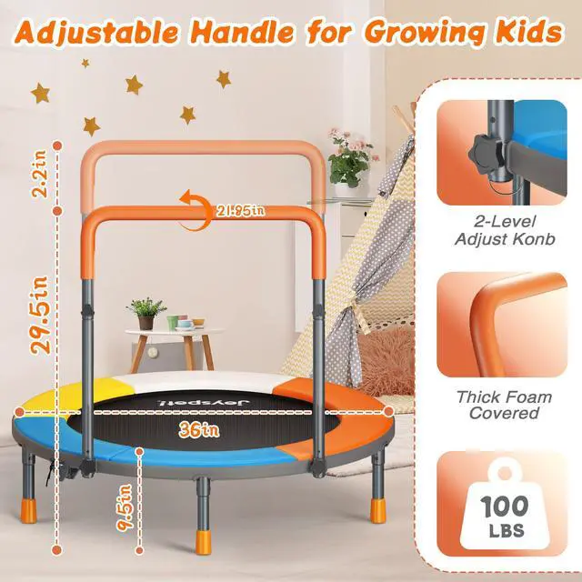 Alt view image 4 of 7 - 36-Inch Toddler Trampoline with Foam Handle, 3FT Foldable Mini Rebounder | ASTM & CPSIA Certified, KidsTrampoline with Adjustable Bar, 100 lbs Capacity, Quiet Elastic Bands, Indoor Outdoor & Ages 3-6