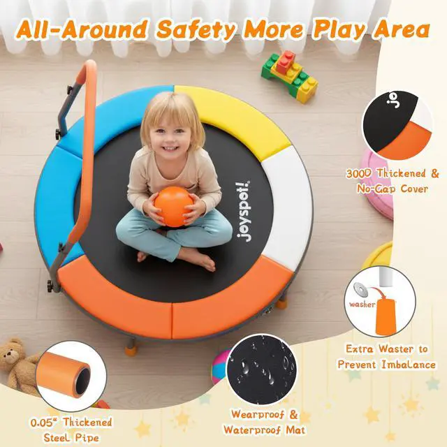 Alt view image 7 of 7 - 36-Inch Toddler Trampoline with Foam Handle, 3FT Foldable Mini Rebounder | ASTM & CPSIA Certified, KidsTrampoline with Adjustable Bar, 100 lbs Capacity, Quiet Elastic Bands, Indoor Outdoor & Ages 3-6